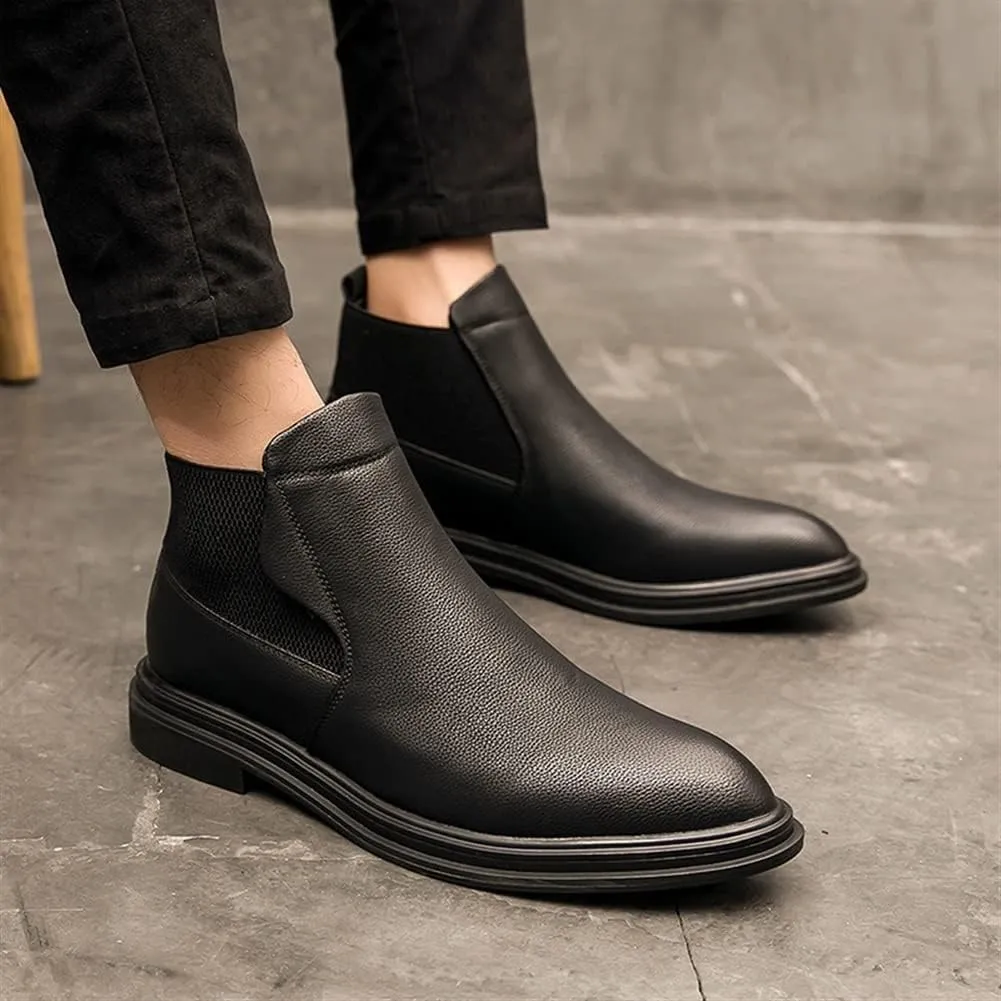 New Round Toe Ankle Boots For Men Elastic Bandage Vegan Leather Anti-slip Slip On Waterproof Classic