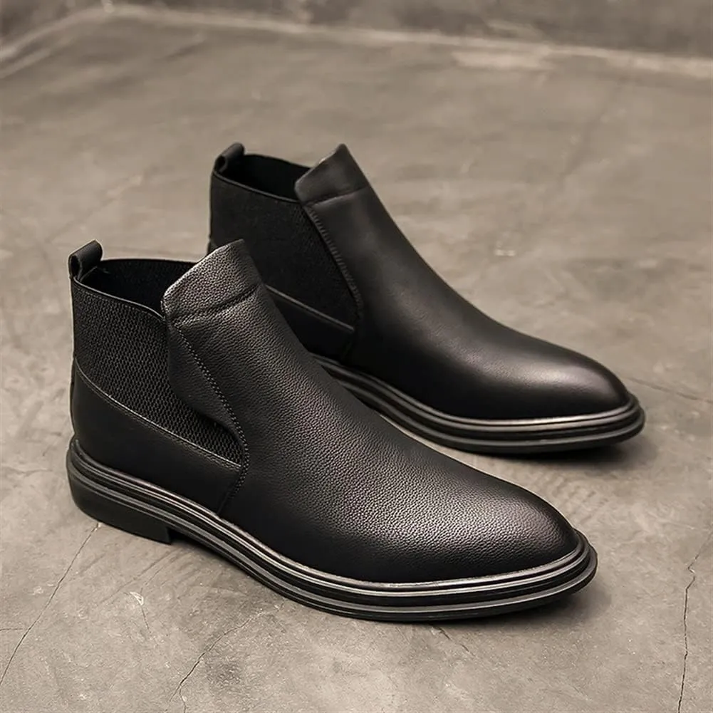 New Round Toe Ankle Boots For Men Elastic Bandage Vegan Leather Anti-slip Slip On Waterproof Classic