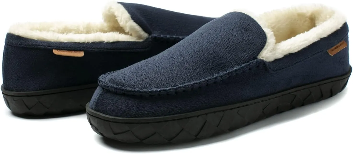 NewDenBer Men's Moccasin Slippers Warm Memory Foam Suede Soft Plush Lined Slip on Indoor Outdoor House Shoes