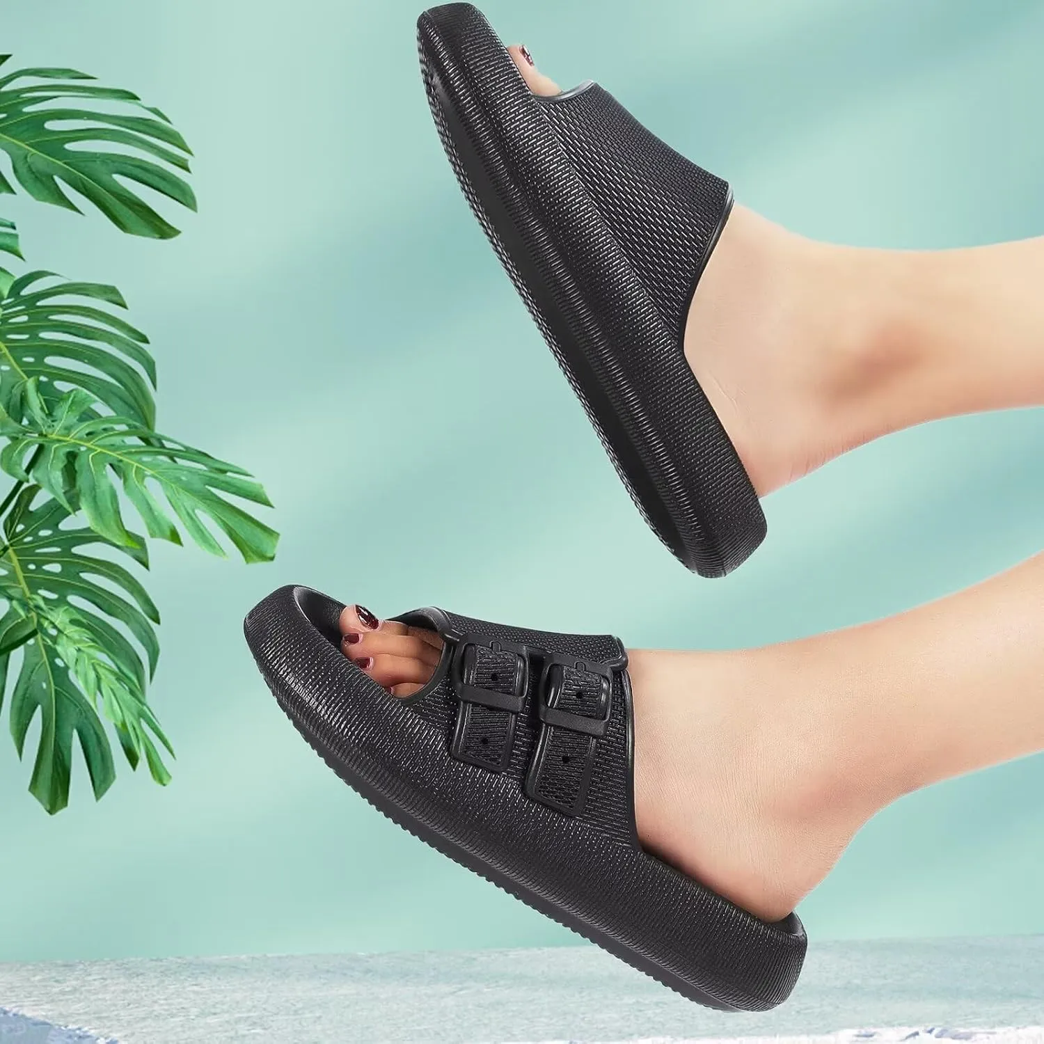 NineCiFun Women's Slide Sandals for Comfortable Soft Cloud Slides - Adjustable Non-Slip Flat Sandals for Women and Men - Slip On Slippers Pillow Slippers