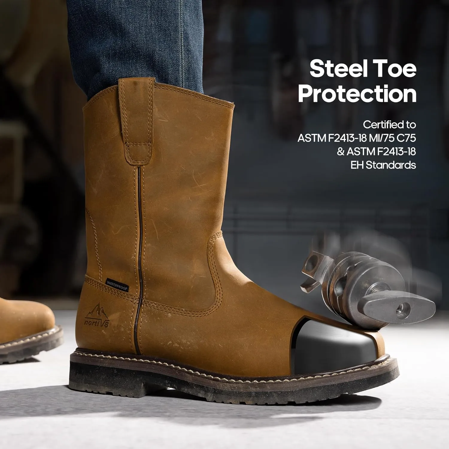 NORTIV 8 Steel Toe Boots for Men Waterproof Pull-on Wellington Work Boots Bronco Stormrider