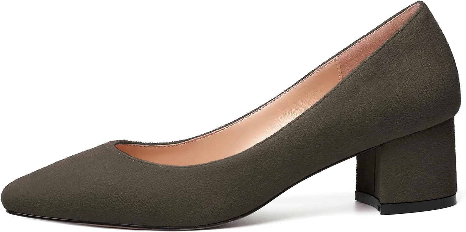 NUMALEO Womens Suede Solid Office Square Toe Slip On Casual Chunky Low Heel Pumps Shoes 2 Inch