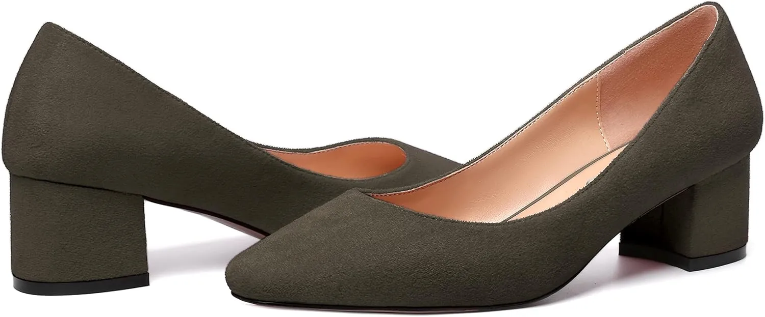 NUMALEO Womens Suede Solid Office Square Toe Slip On Casual Chunky Low Heel Pumps Shoes 2 Inch