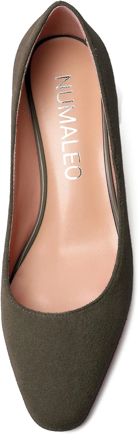 NUMALEO Womens Suede Solid Office Square Toe Slip On Casual Chunky Low Heel Pumps Shoes 2 Inch