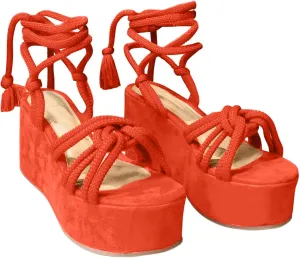 oiangi Chunky Sandals for Women Summer Casual Crossed Hemp Rope Straps Lace Up Open Toe Wedge Platform Sandals Solid Comfy Round Toe Outdoor Ladies Shoes