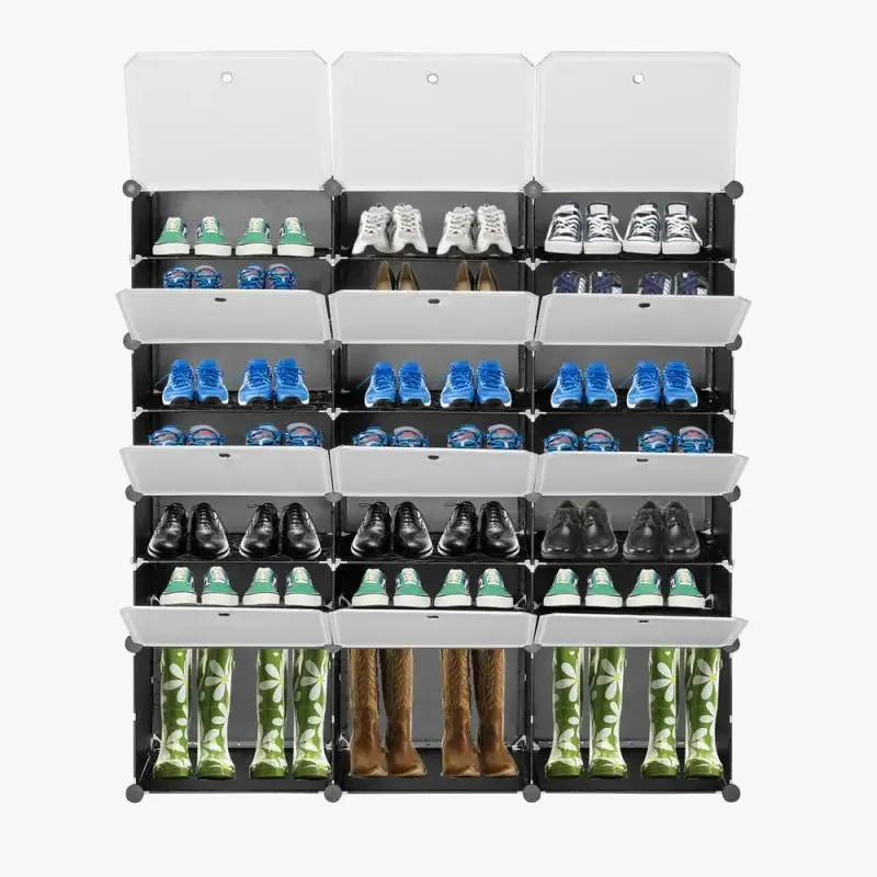organisateur pliable pour chaussures avec couvercle transparent et compartiments
