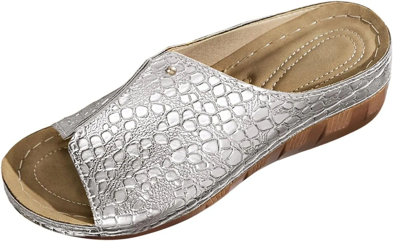 Orthopedic Sandals for Womens Arch Support Crocodile Pattern Dressy Leather Sandal Slip On Casual Open Toe Non-Slip Comfortable Shoes Summer Spring Stylish Beach Visits Festivals Party Shoe