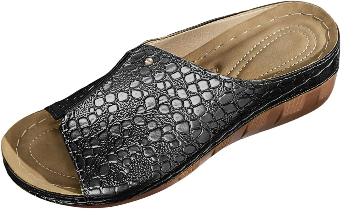 Orthopedic Sandals for Womens Arch Support Crocodile Pattern Dressy Leather Sandal Slip On Casual Open Toe Non-Slip Comfortable Shoes Summer Spring Stylish Beach Visits Festivals Party Shoe