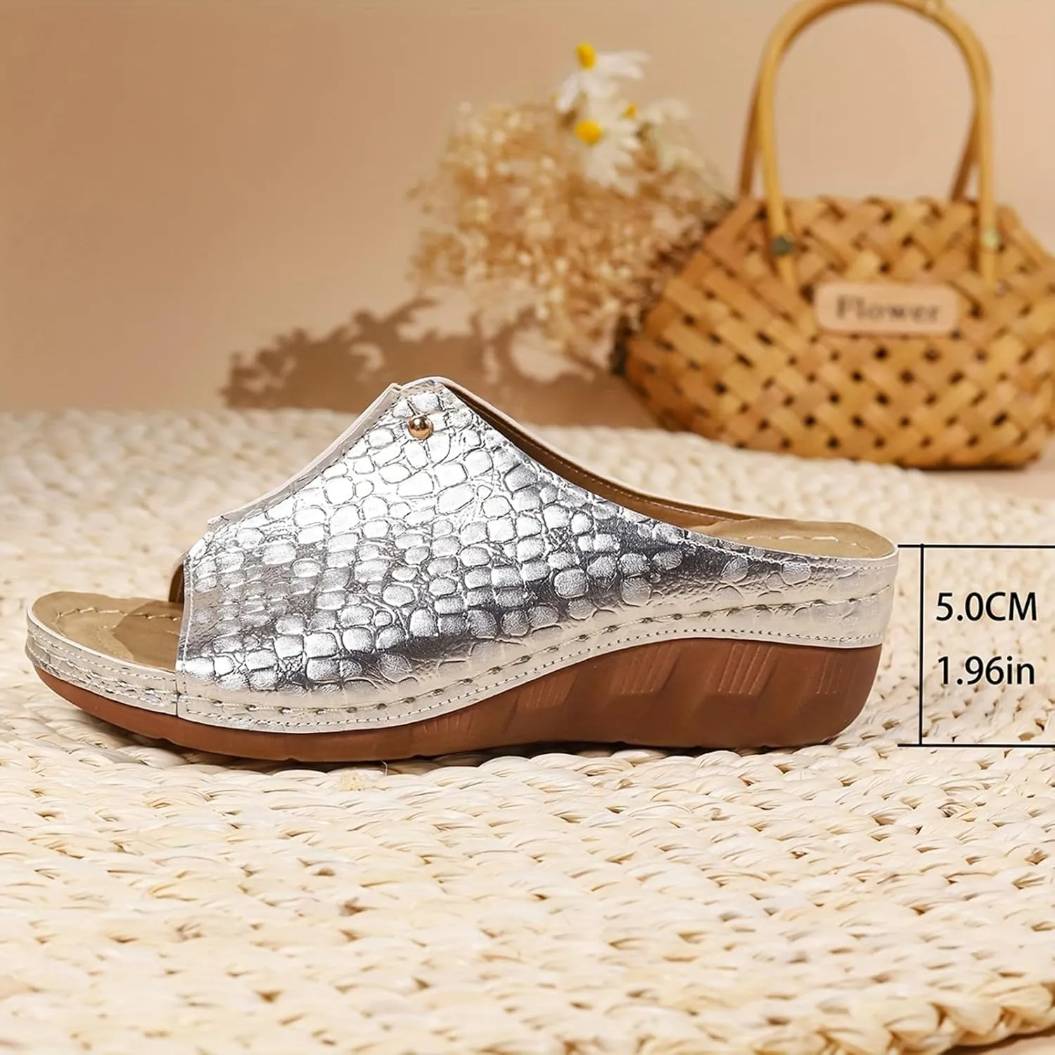 Orthopedic Sandals for Womens Arch Support Crocodile Pattern Dressy Leather Sandal Slip On Casual Open Toe Non-Slip Comfortable Shoes Summer Spring Stylish Beach Visits Festivals Party Shoe