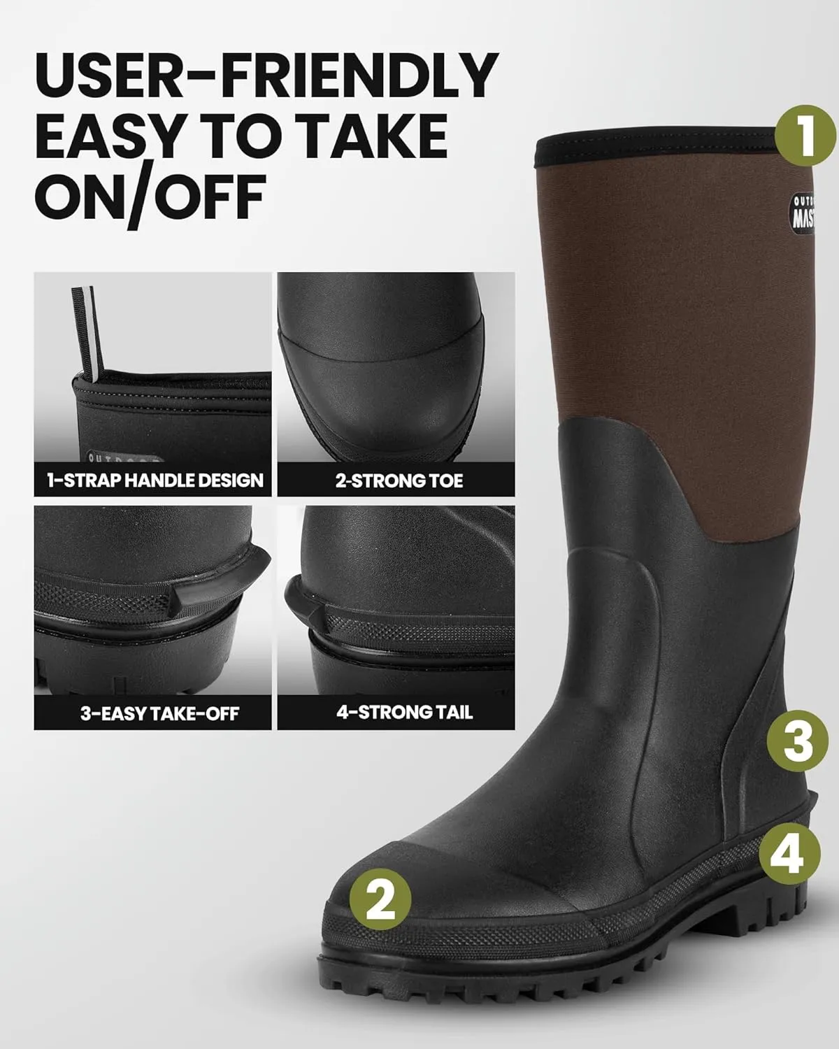 OutdoorMaster Hunting Boots for Men, Waterproof Rubber Neoprene Boots, Anti-slipped Insulated Outdoor Boots