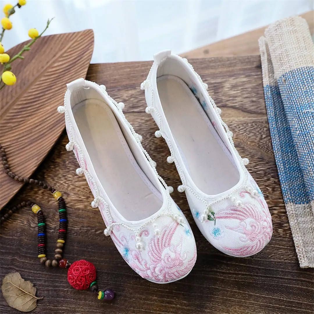 Pearls Embroidered Women Cotton Fabric Slip On Platform Shoes Retro Ladies Casual Soft Sneakers