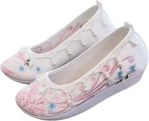 Pearls Embroidered Women Cotton Fabric Slip On Platform Shoes Retro Ladies Casual Soft Sneakers
