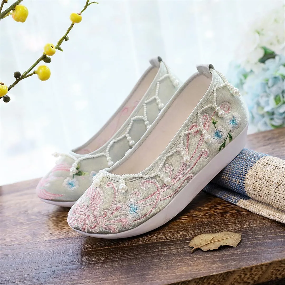 Pearls Embroidered Women Cotton Fabric Slip On Platform Shoes Retro Ladies Casual Soft Sneakers