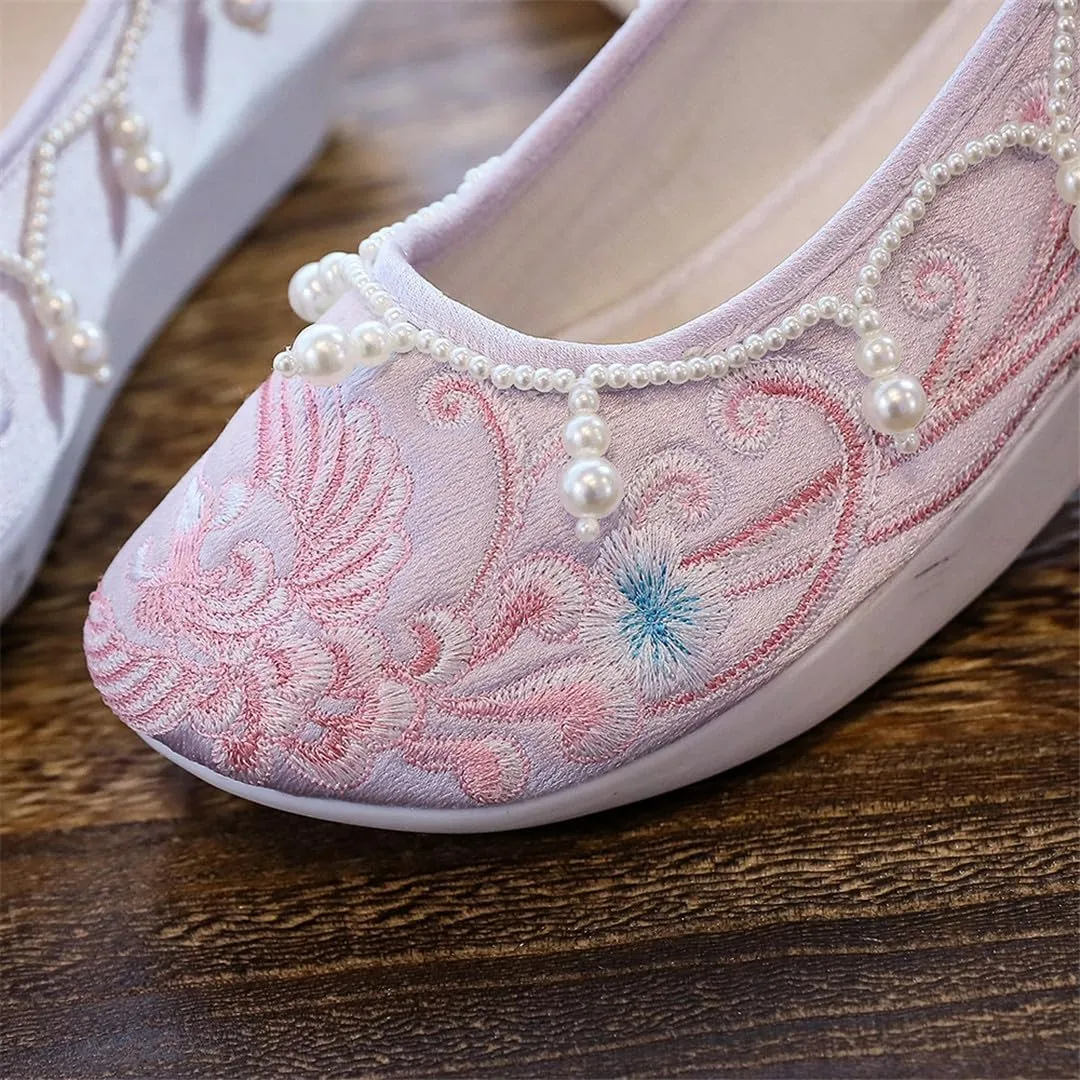 Pearls Embroidered Women Cotton Fabric Slip On Platform Shoes Retro Ladies Casual Soft Sneakers