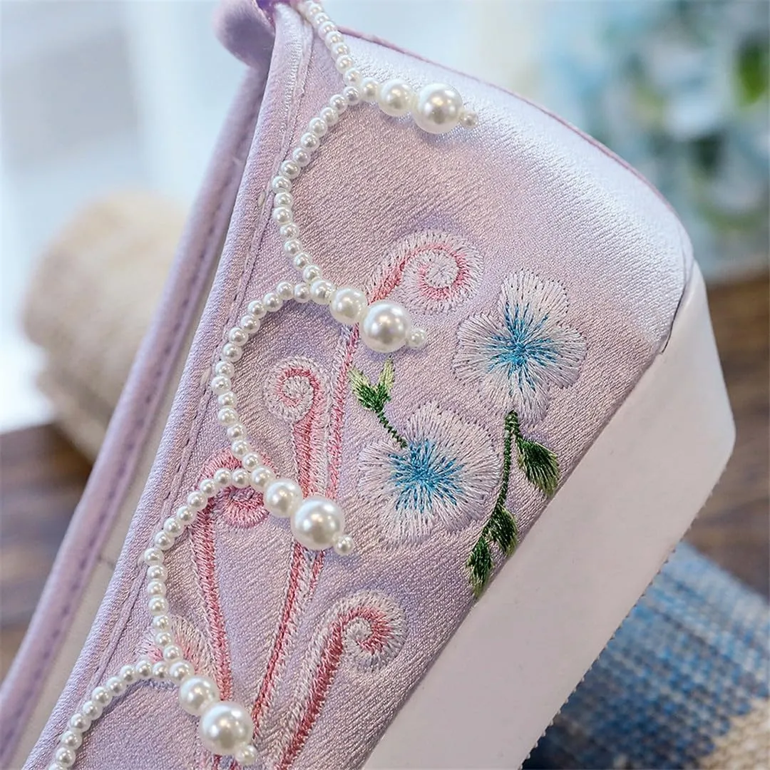 Pearls Embroidered Women Cotton Fabric Slip On Platform Shoes Retro Ladies Casual Soft Sneakers