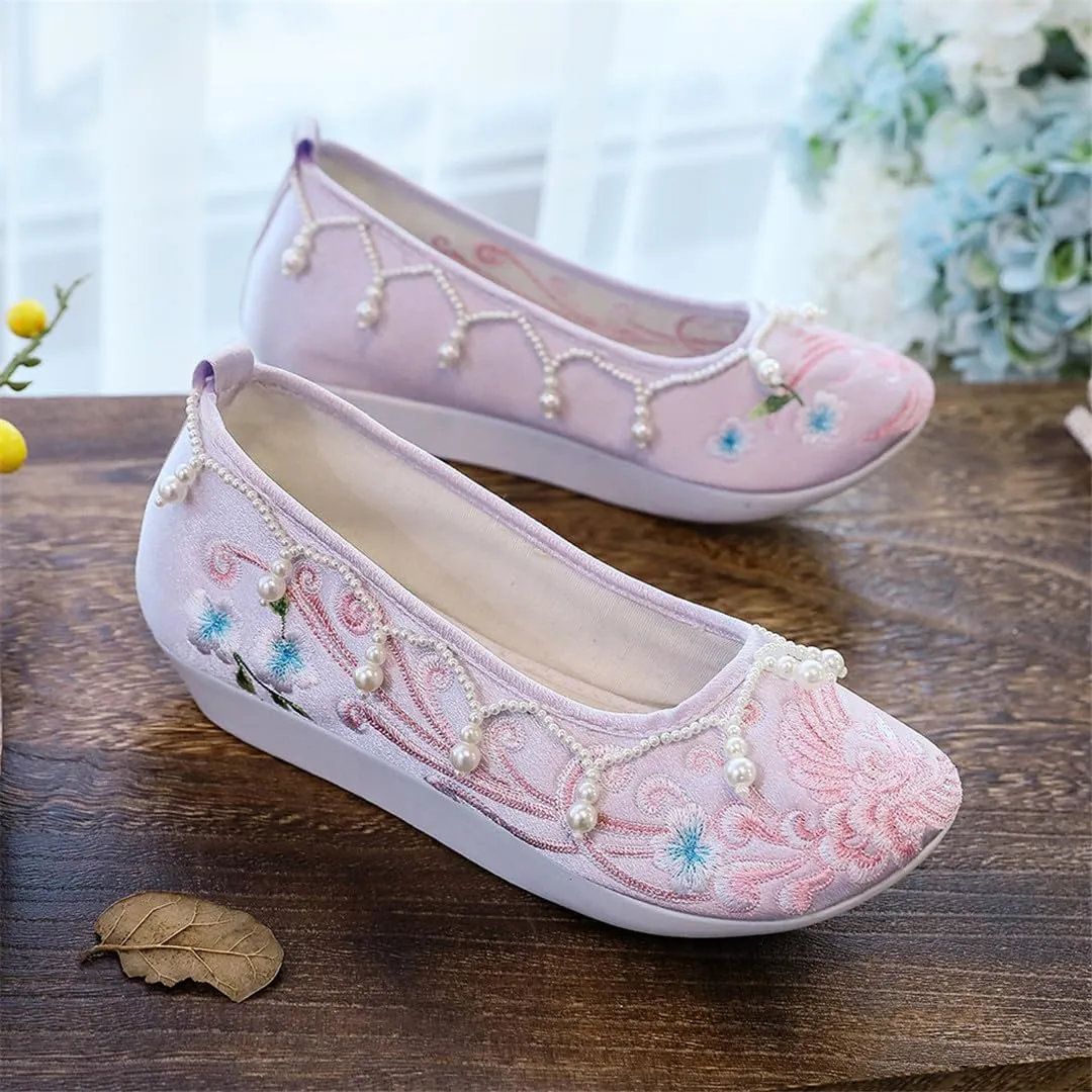 Pearls Embroidered Women Cotton Fabric Slip On Platform Shoes Retro Ladies Casual Soft Sneakers