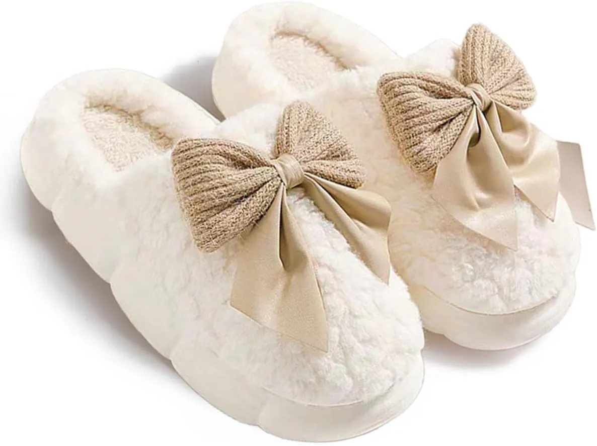 Plush Cute Bow Tie Slippers for Women Furry Comfy Non-Slip House Slippers Warm Funny Cozy Fluffy Kawaii Fuzzy Indoor