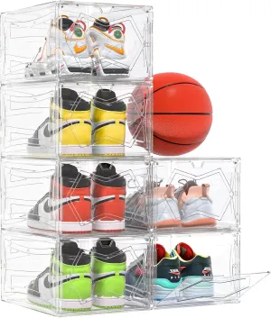 PRAKI Large Shoe Storage Boxes Organizer for Closet with Magnetic Door, 6 Pack Clear Stackable Shoe box for entryway, Space Saving Shoe Rack for Sneaker Boot Containers, 13.6 x 10.6 x 7.5 Inches