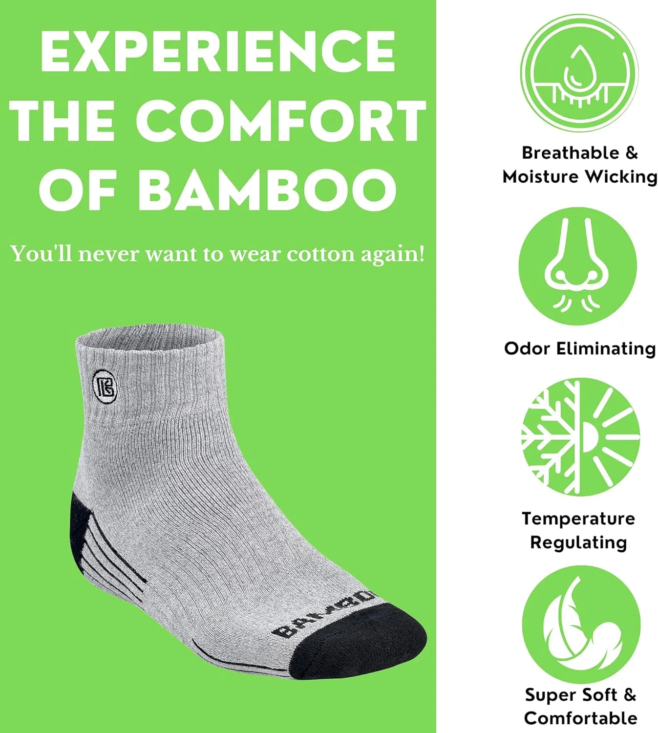 Premium Bamboo Crew Work Socks- Quarter High Moisture Wicking, Odor Eliminating