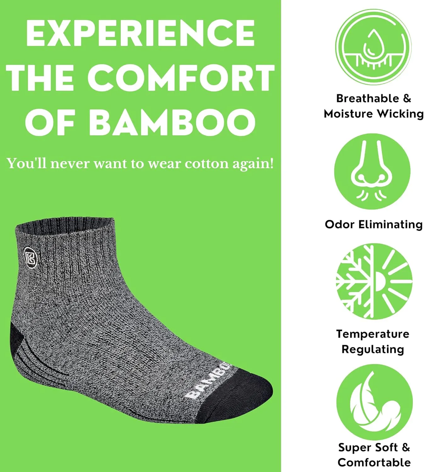 Premium Bamboo Crew Work Socks- Quarter High Moisture Wicking, Odor Eliminating