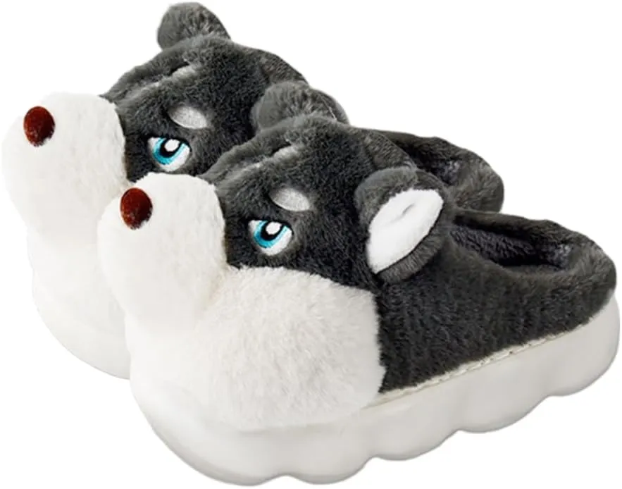 Premium Comfort Thermal Cute Seberian Husky Dog Non Slip Women's Fuzzy House Slippers Indoor Soft Warm Furry Shoes