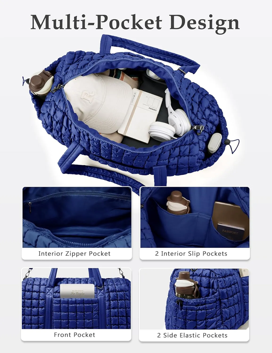 Quilted Travel Duffle Bag for Women Weekender Bag Large Puffer Overnight Bags Soft Puffy Duffel Bag Carry on Gym Bag Lightweight Personal Item Travel Bag for Trips Business Sport Airplane (Deep Navy)