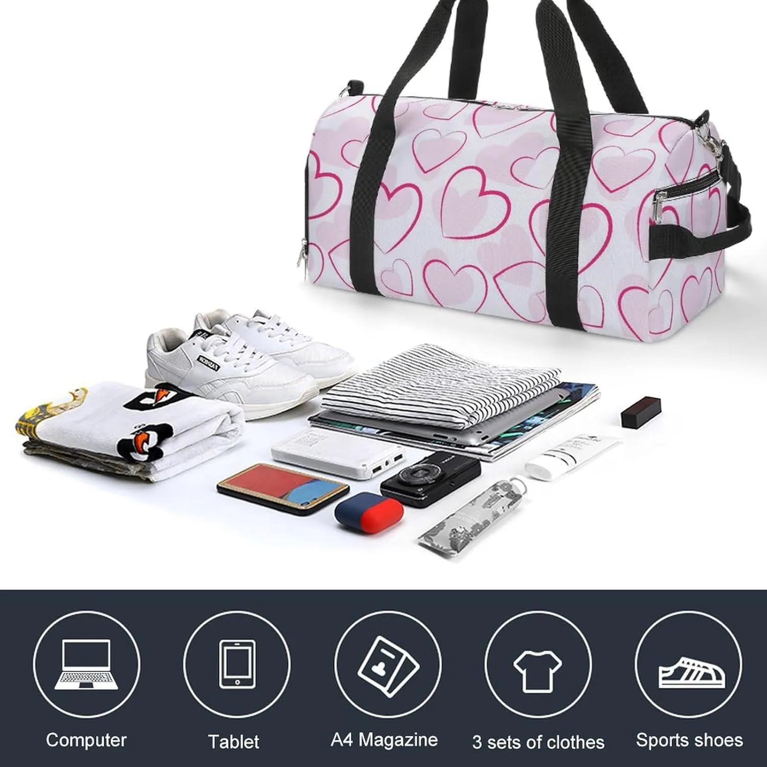 Red Hearts Romantic Duffel Bag with Shoe Compartment Lightweight for Travel Gym