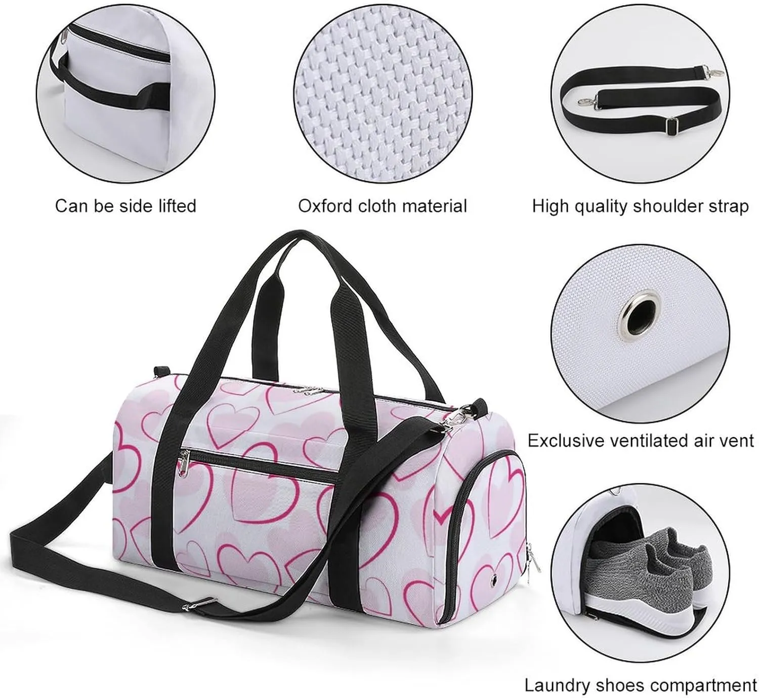 Red Hearts Romantic Duffel Bag with Shoe Compartment Lightweight for Travel Gym