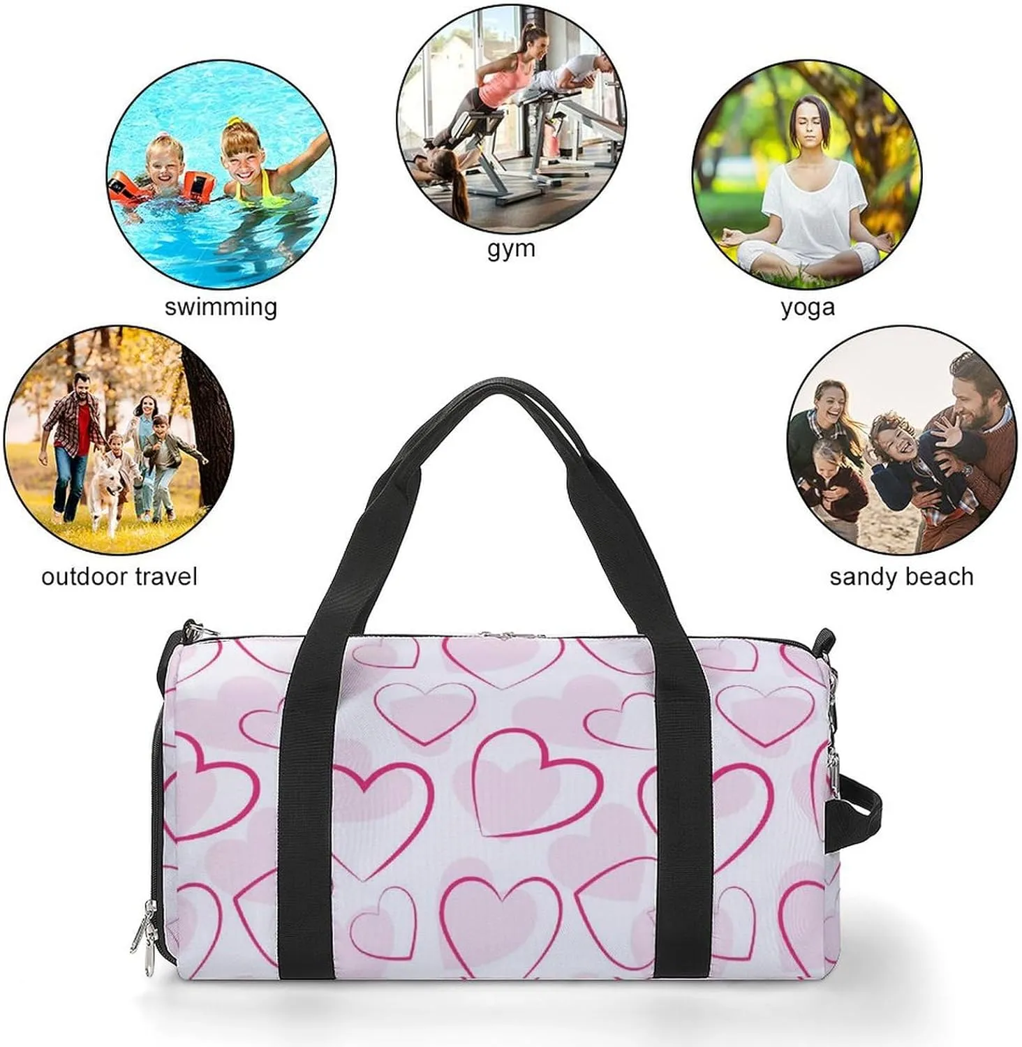 Red Hearts Romantic Duffel Bag with Shoe Compartment Lightweight for Travel Gym