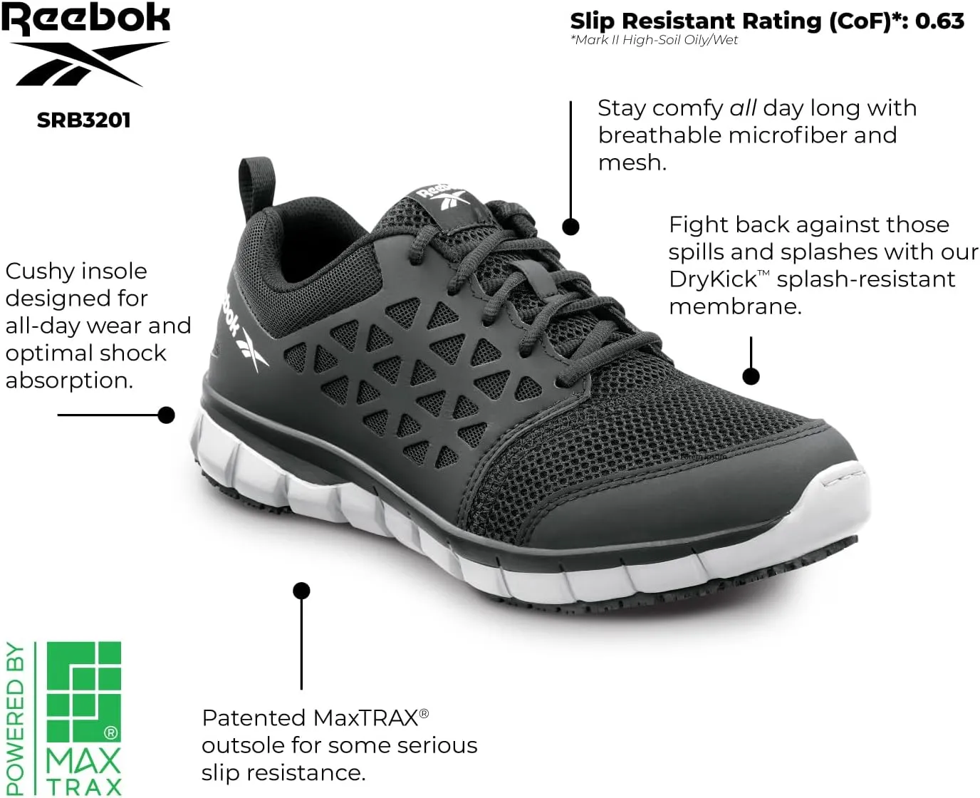 Reebok Work Sublite Cushion Work, Men's, Athletic Style, MaxTrax Slip Resistant, Soft Toe Work Shoe