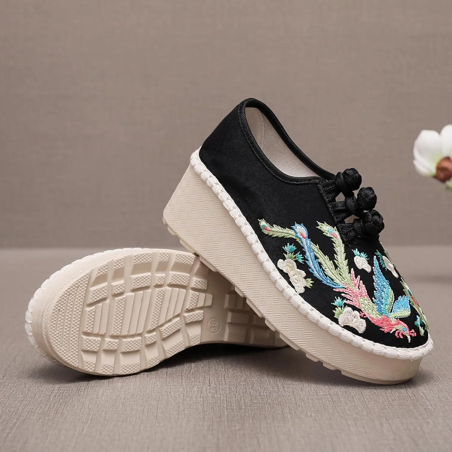 Retro Women's Embroider Linen Shoes, Fashion Traditional Chinese Wedges Casual Footwear, Slip on Soft Breathable Cloth Shoes,8,Black