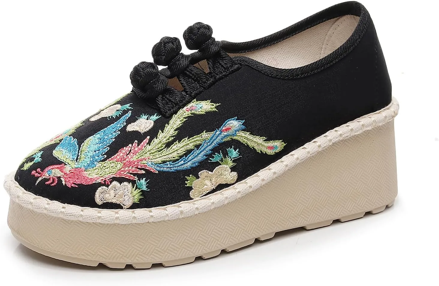 Retro Women's Embroider Linen Shoes, Fashion Traditional Chinese Wedges Casual Footwear, Slip on Soft Breathable Cloth Shoes,8,Black