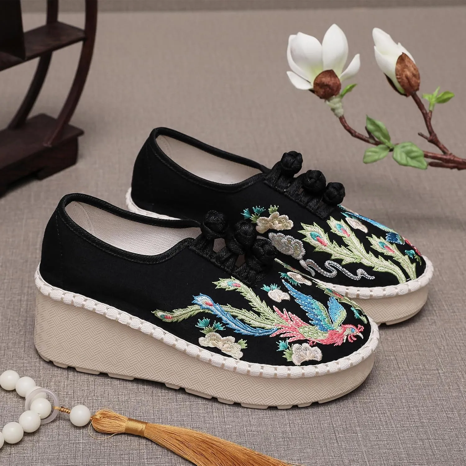 Retro Women's Embroider Linen Shoes, Fashion Traditional Chinese Wedges Casual Footwear, Slip on Soft Breathable Cloth Shoes,8,Black