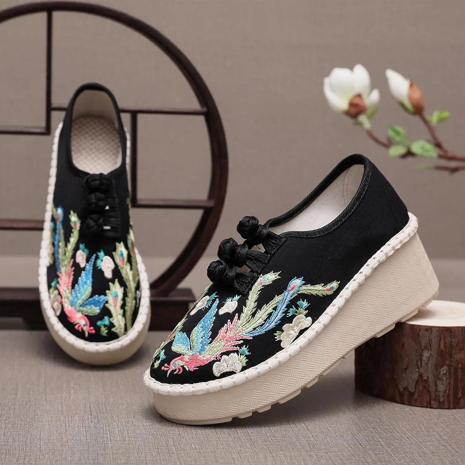 Retro Women's Embroider Linen Shoes, Fashion Traditional Chinese Wedges Casual Footwear, Slip on Soft Breathable Cloth Shoes,8,Black