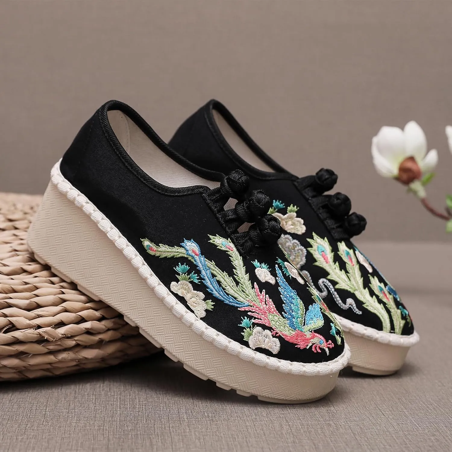 Retro Women's Embroider Linen Shoes, Fashion Traditional Chinese Wedges Casual Footwear, Slip on Soft Breathable Cloth Shoes,8,Black