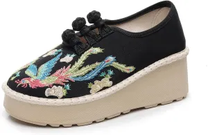Retro Women's Embroider Linen Shoes, Fashion Traditional Chinese Wedges Casual Footwear, Slip on Soft Breathable Cloth Shoes,8,Black