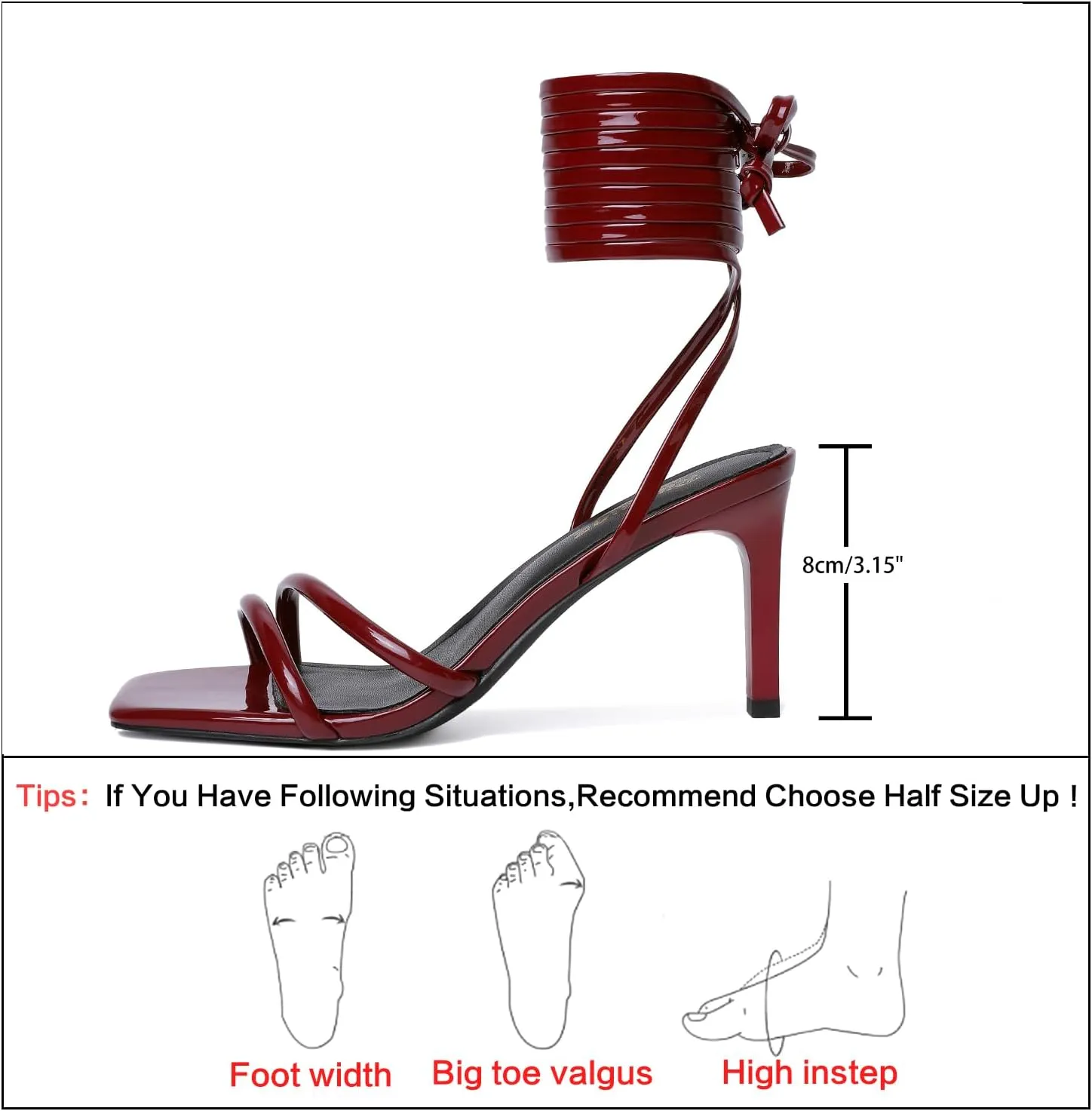 RIBONGZ Strappy Heels for Women Square Open Toe Tie Up Sandals Ankle Strap Lace Up Stiletto High Heels Sexy for Wedding Prom Party Comfort Dress Shoes