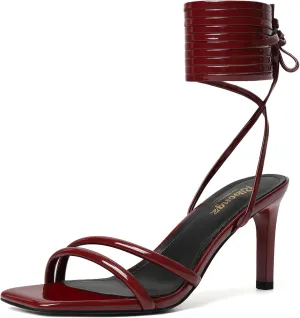 RIBONGZ Strappy Heels for Women Square Open Toe Tie Up Sandals Ankle Strap Lace Up Stiletto High Heels Sexy for Wedding Prom Party Comfort Dress Shoes
