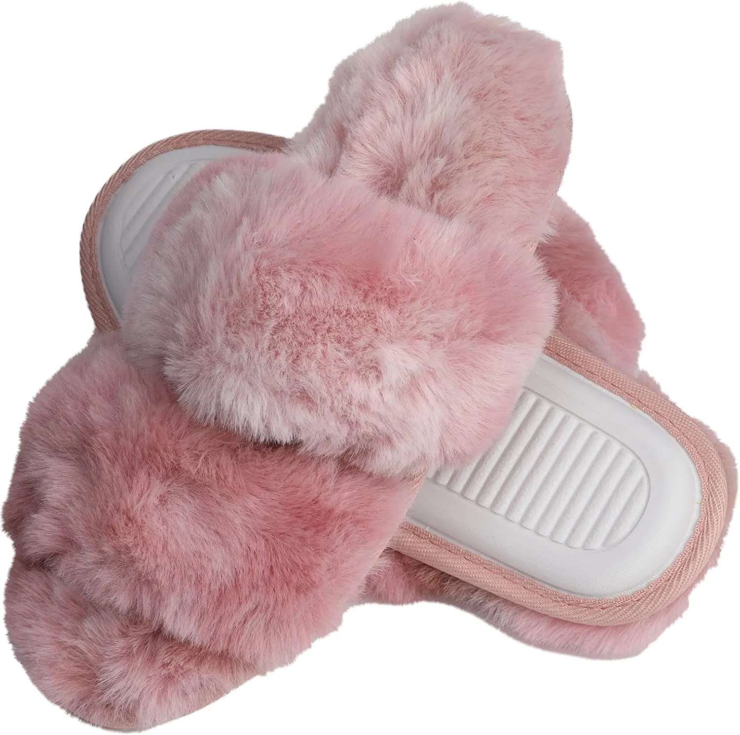 Roxoni Fuzzy House Slippers for Women – Comfortable Furry Spa – Cozy Slip On Open Toe - Soft Insole & Rubber Outsole