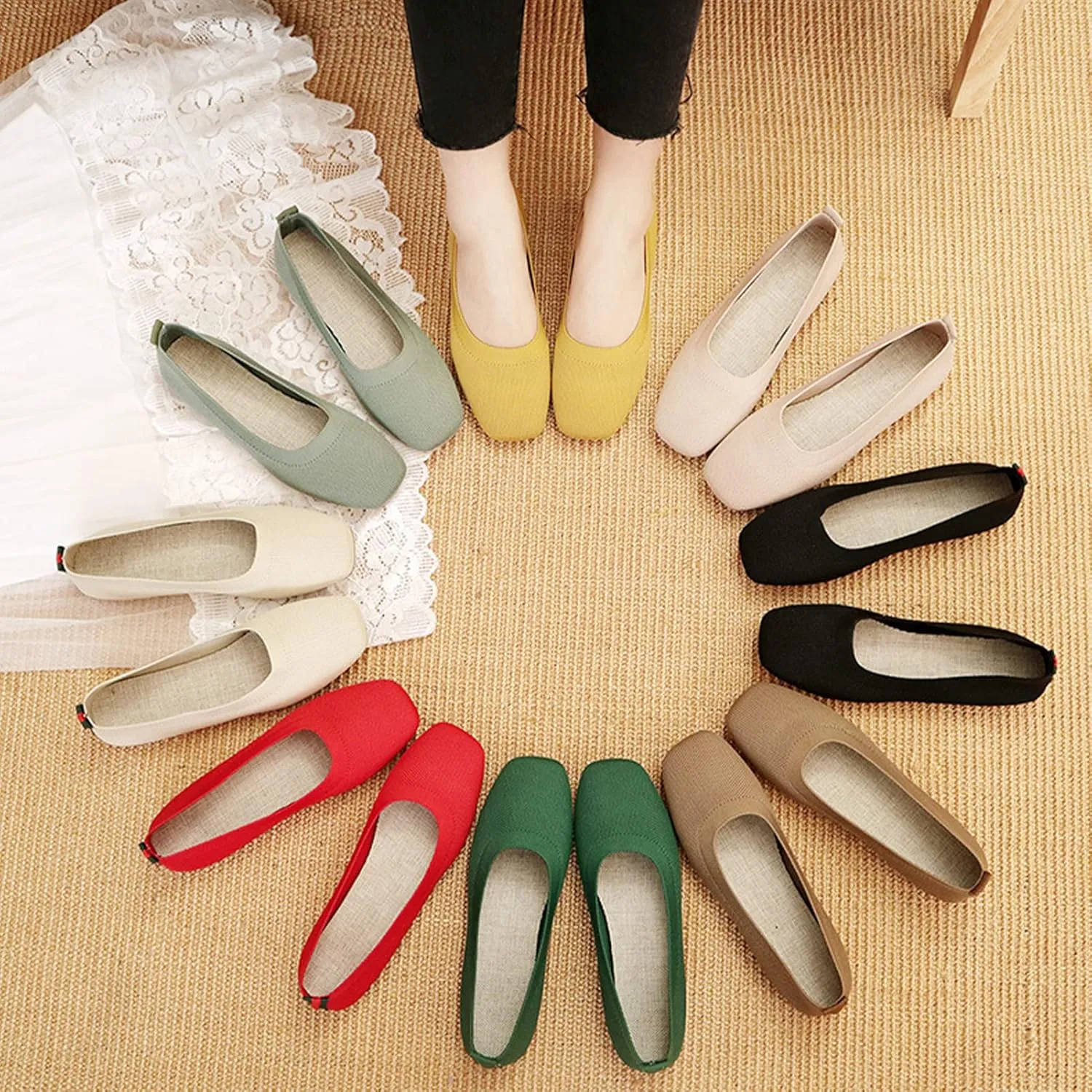 RVROVIC Women Flat Shoes Knitted Lightweight Slip-on Loafers Breathabel Soft Comfortable Ballet Flats
