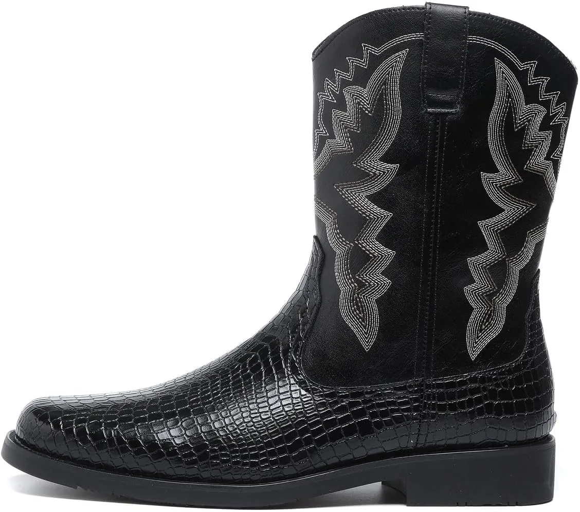 Santimon Men's Crocodile Western Cowboy Boots, Side Zipper, Mid Calf, Silver Stitching, Square Toe Leather Boots