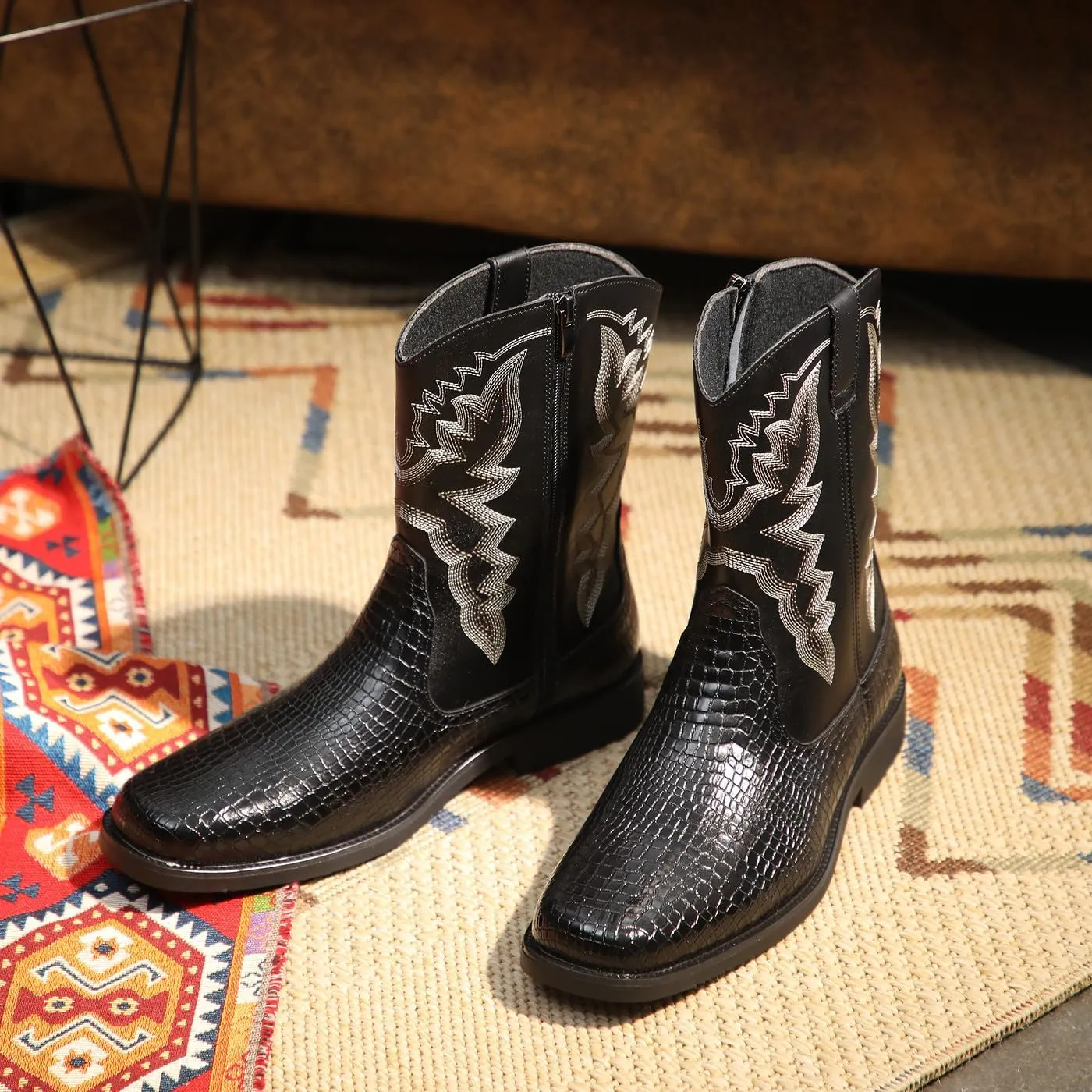 Santimon Men's Crocodile Western Cowboy Boots, Side Zipper, Mid Calf, Silver Stitching, Square Toe Leather Boots