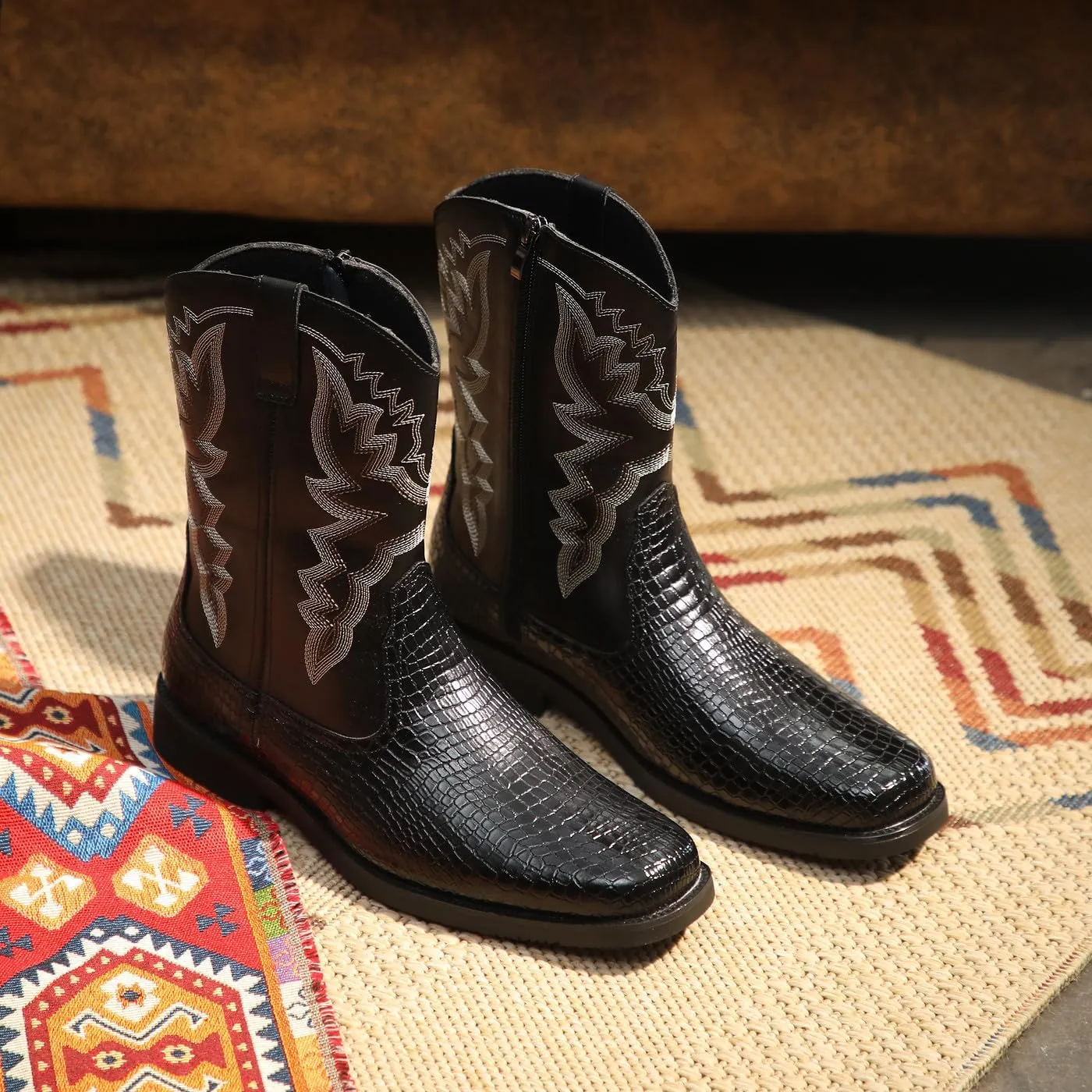 Santimon Men's Crocodile Western Cowboy Boots, Side Zipper, Mid Calf, Silver Stitching, Square Toe Leather Boots
