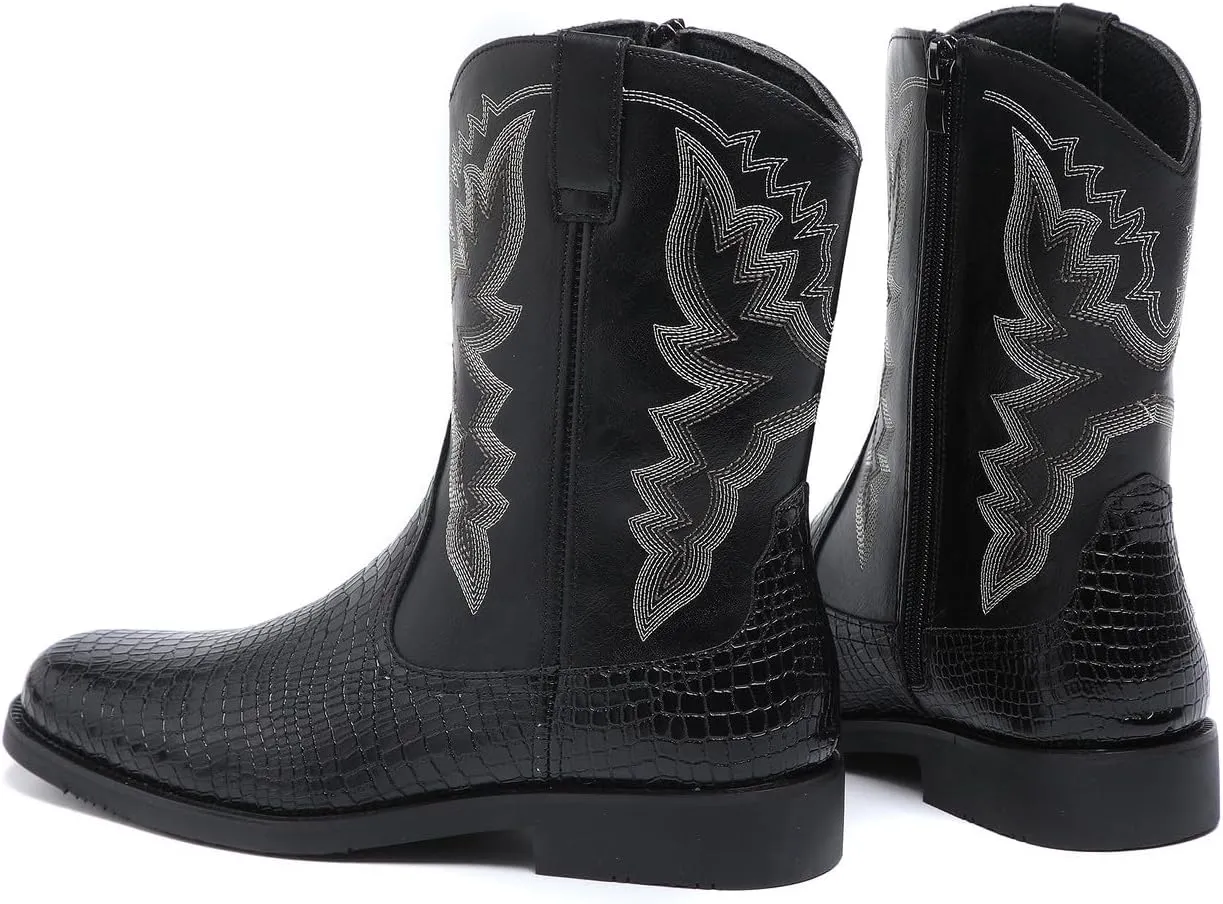 Santimon Men's Crocodile Western Cowboy Boots, Side Zipper, Mid Calf, Silver Stitching, Square Toe Leather Boots