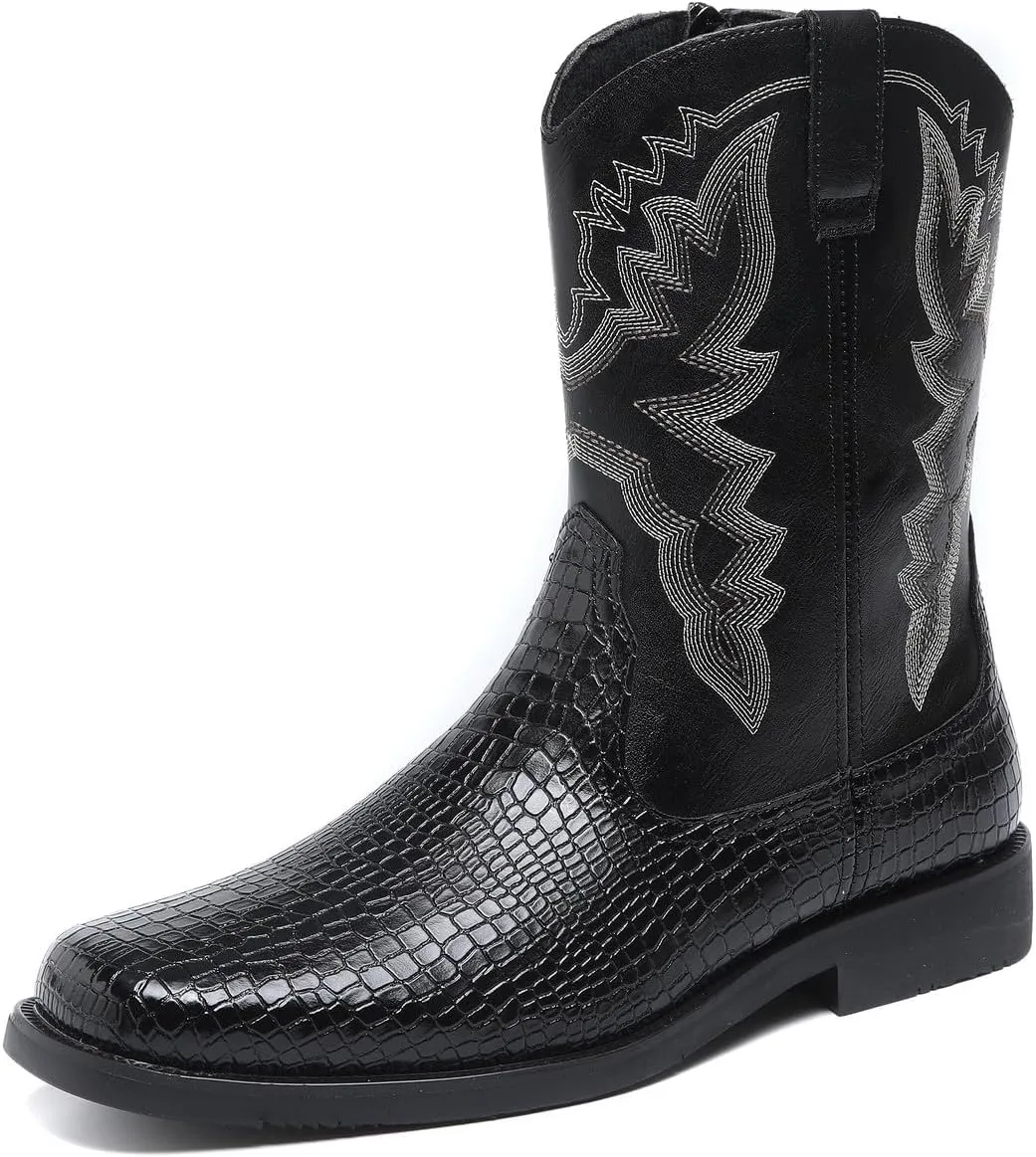 Santimon Men's Crocodile Western Cowboy Boots, Side Zipper, Mid Calf, Silver Stitching, Square Toe Leather Boots