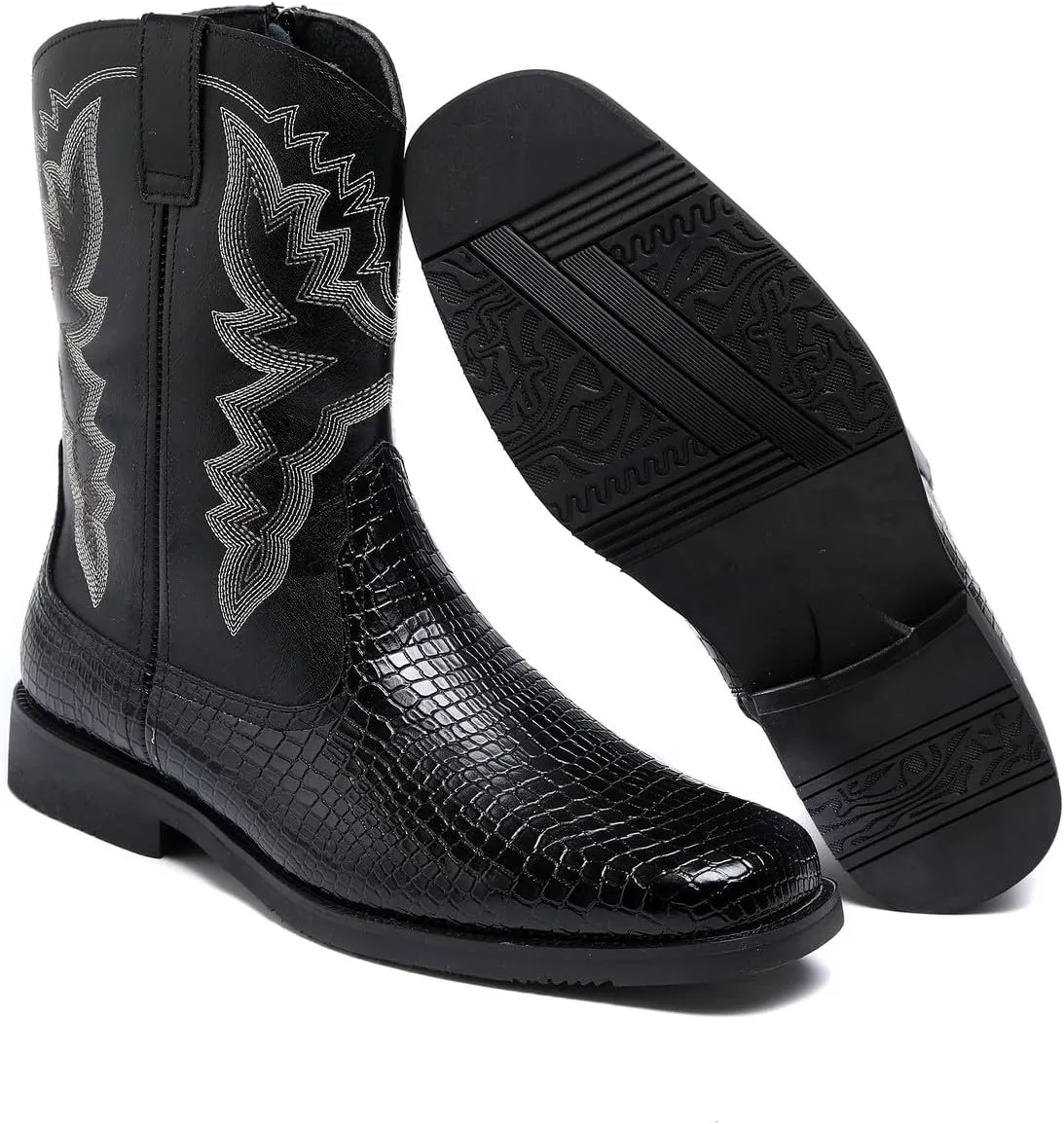 Santimon Men's Crocodile Western Cowboy Boots, Side Zipper, Mid Calf, Silver Stitching, Square Toe Leather Boots