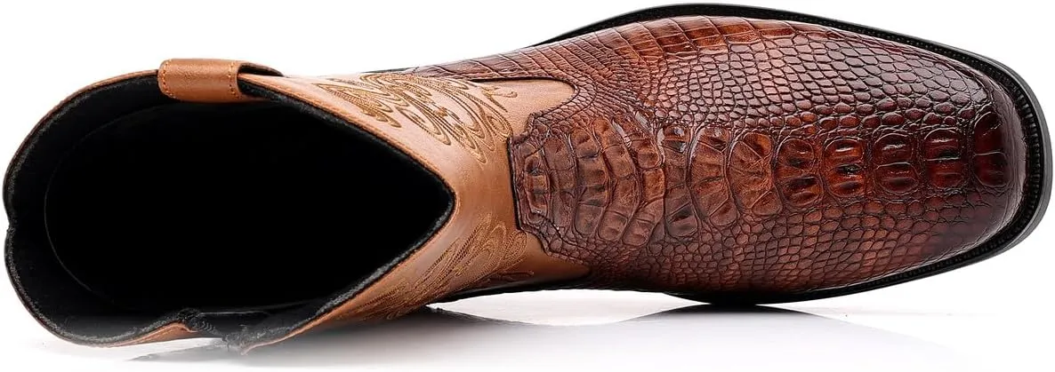 Santimon Men's Crocodile Western Cowboy Boots, Side Zipper, Mid Calf Wide Square Toe Boots