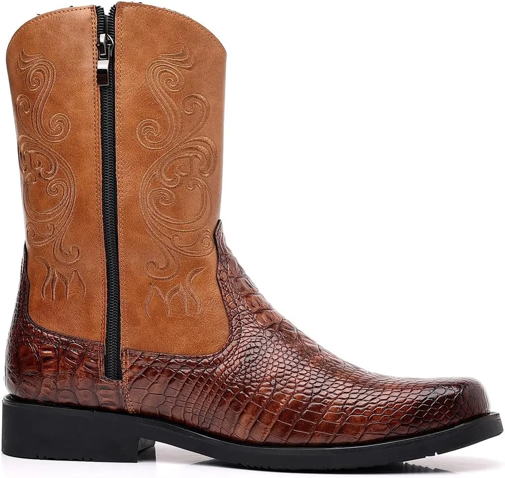 Santimon Men's Crocodile Western Cowboy Boots, Side Zipper, Mid Calf Wide Square Toe Boots