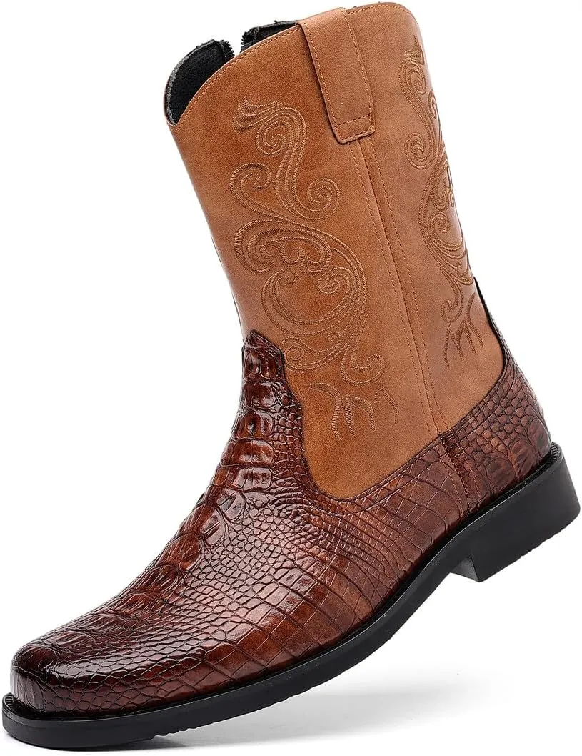 Santimon Men's Crocodile Western Cowboy Boots, Side Zipper, Mid Calf Wide Square Toe Boots