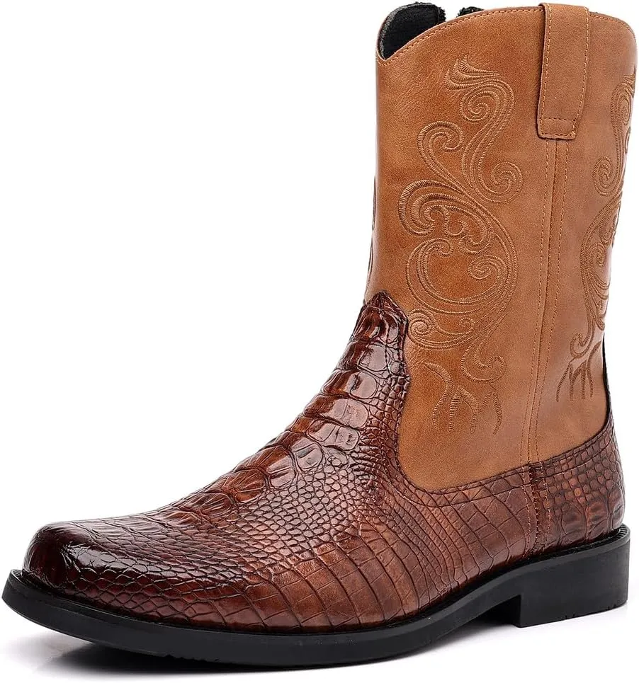 Santimon Men's Crocodile Western Cowboy Boots, Side Zipper, Mid Calf Wide Square Toe Boots